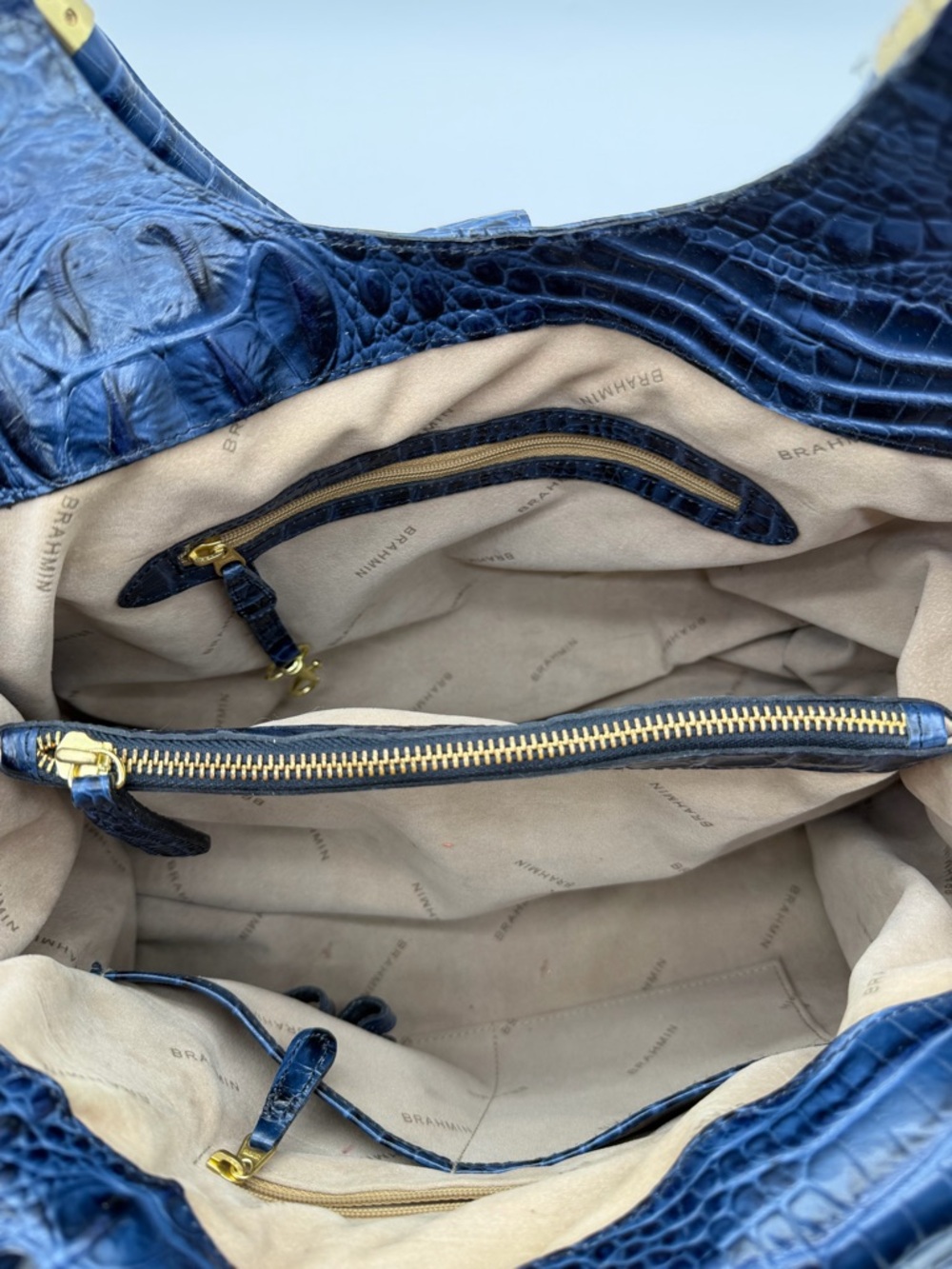 VTG Brahmin Melbourne Celia Crocs Embossed Leather Shoulder Bag Satchel Blue - Picture 8 of 14